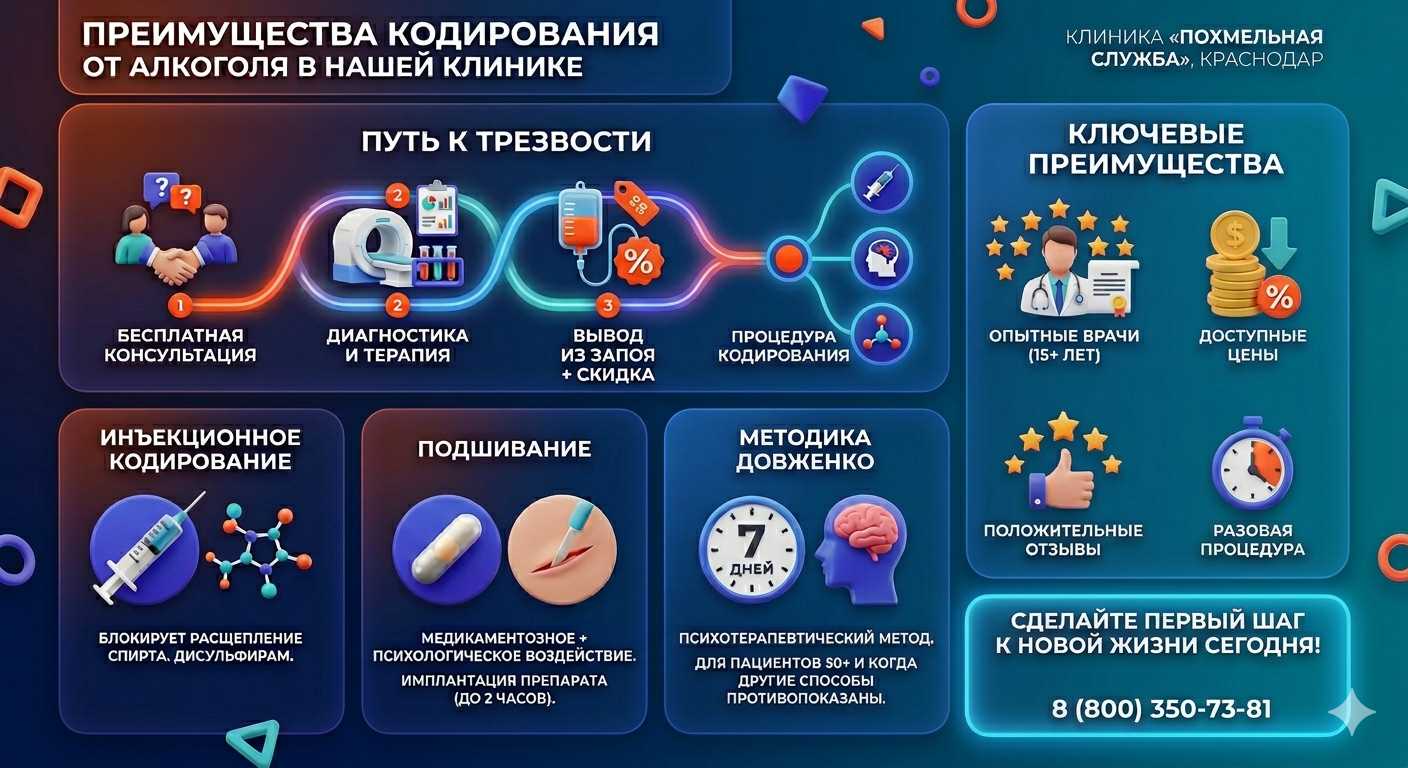 Инфографика о методах кодирования от алкоголя в Молочанске: инъекции, подшивание, метод Довженко. Преимущества клиники и этапы лечения.